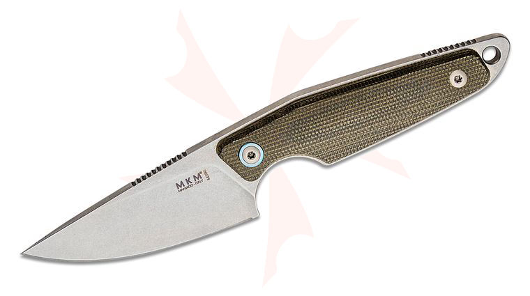 MKM Knives Jesper Voxnaes Makro 1 Fixed Blade 2.91 inch M390 Stonewashed Drop Point Blade, Green Canvas Micarta Handles, Leather Sheath