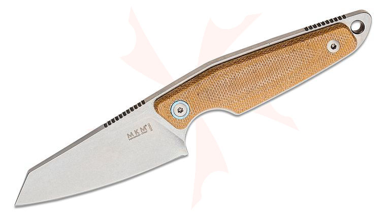 MKM Knives Jesper Voxnaes Makro 2 Fixed Blade 2.91 inch M390 Stonewashed Sheepsfoot Blade, Natural Canvas Micarta Handles, Leather Sheath