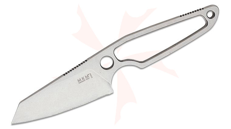 MKM Knives Jesper Voxnaes Makro 2 Fixed Blade 2.91 inch M390 Stonewashed Sheepsfoot Blade, Skeletonized Handles, Leather Sheath