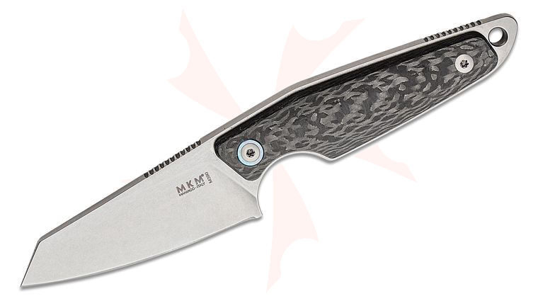 MKM Knives Jesper Voxnaes Makro 2 Fixed Blade 2.91 inch M390 Stonewashed Sheepsfoot Blade, Carbon Fiber Handles, Leather Sheath