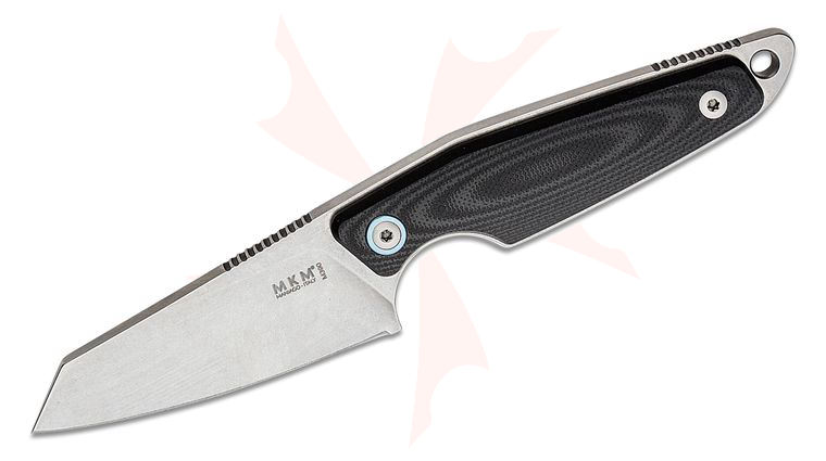 MKM Knives Jesper Voxnaes Makro 2 Fixed Blade 2.91 inch M390 Stonewashed Sheepsfoot Blade, Black G10 Handles, Leather Sheath