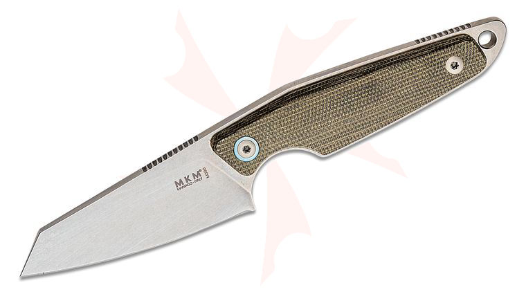 MKM Knives Jesper Voxnaes Makro 2 Fixed Blade 2.91 inch M390 Stonewashed Sheepsfoot Blade, Green Canvas Micarta Handles, Leather Sheath