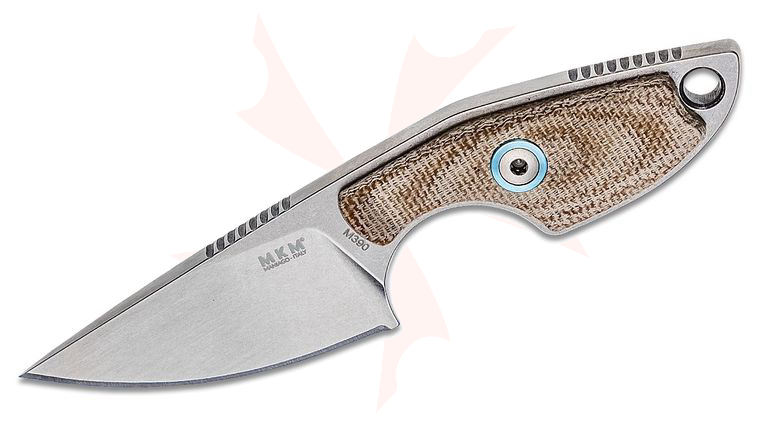 MKM Knives Jesper Voxnaes Mikro 1 Fixed Blade Neck Knife 1.97 inch M390 Stonewashed Drop Point Blade, Natural Canvas Micarta Handles, Leather Sheath