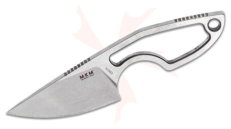 MKM Knives Jesper Voxnaes Mikro 1 Fixed Blade Neck Knife 1.97 inch M390 Stonewashed Drop Point Blade and Skeletonized Handle, Leather Sheath