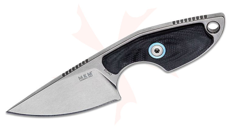MKM Knives Jesper Voxnaes Mikro 1 Fixed Blade Neck Knife 1.97 inch M390 Stonewashed Drop Point Blade, Black G10 Handles, Leather Sheath