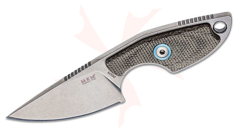MKM Knives Jesper Voxnaes Mikro 1 Fixed Blade Neck Knife 1.97 inch M390 Stonewashed Drop Point Blade, Green Canvas Micarta Handles, Leather Sheath
