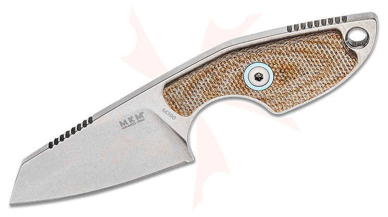 MKM Knives Jesper Voxnaes Mikro 2 Fixed Blade Neck Knife 1.97 inch M390 Stonewashed Sheepsfoot Blade, Natural Canvas Micarta Handles, Leather Sheath