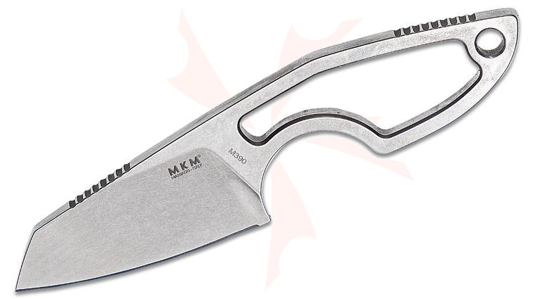 MKM Knives Jesper Voxnaes Mikro 2 Fixed Blade Neck Knife 1.97 inch M390 Stonewashed Sheepsfoot Blade and Skeletonized Handle, Leather Sheath