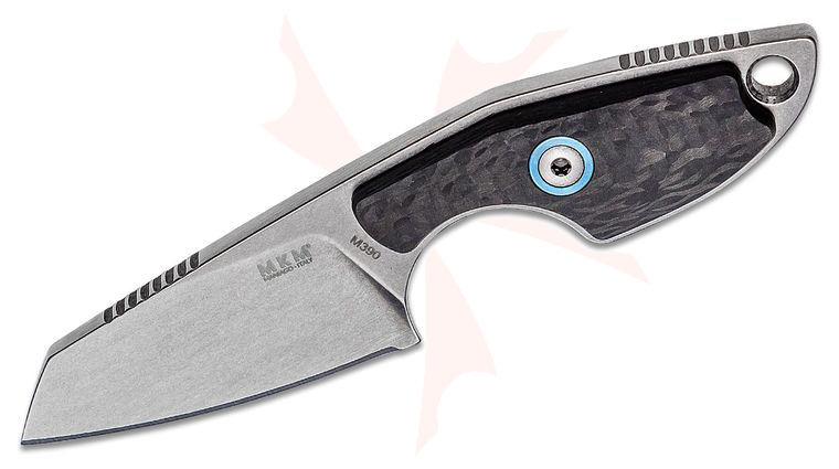 MKM Knives Jesper Voxnaes Mikro 2 Fixed Blade Neck Knife 1.97 inch M390 Stonewashed Sheepsfoot Blade, Carbon Fiber Handles, Leather Sheath