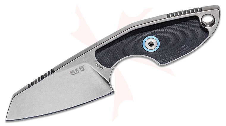 MKM Knives Jesper Voxnaes Mikro 2 Fixed Blade Neck Knife 1.97 inch M390 Stonewashed Sheepsfoot Blade, Black G10 Handles, Leather Sheath
