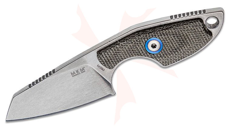 MKM Knives Jesper Voxnaes Mikro 2 Fixed Blade Neck Knife 1.97 inch M390 Stonewashed Sheepsfoot Blade, Green Canvas Micarta Handles, Leather Sheath