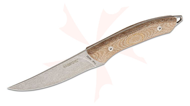 Mercury Knives 925-25CNC Trek Fixed Blade Knife 4.5 inch Stonewashed Trailing Point Blade, Contoured Natural Canvas Micarta Handles, Black Leather Sheath