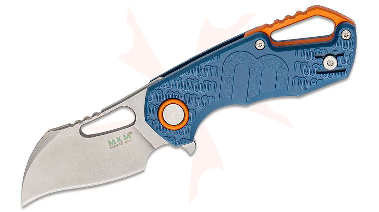 MKM FOX Knives Jesper Voxnaes Isonzo Flipper Knife 2.25 inch N690 Stonewashed Hawkbill Plain Blade, Blue FRN Handles