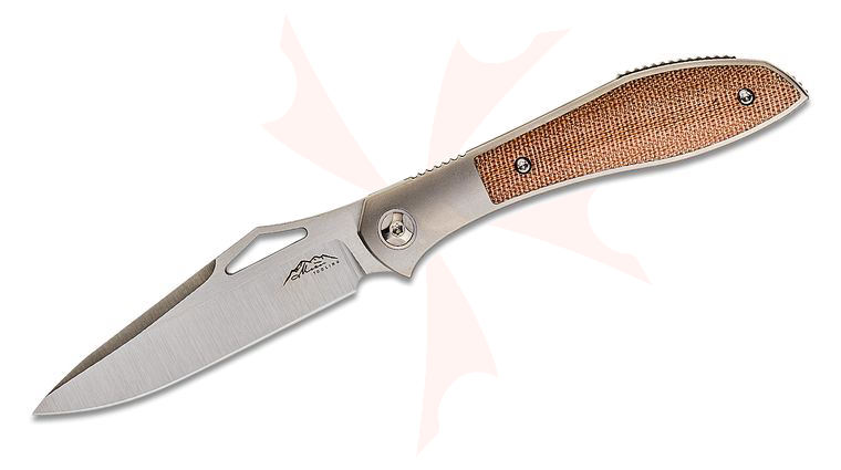 Jerry Moen Production Moen Tooling Front Flipper Knife 3.75 inch RWL-34 Satin Drop Point Blade, Titanium Handles with Brown Micarta Inlays