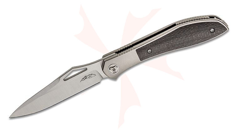 Jerry Moen Production Moen Tooling Front Flipper Knife 3.75 inch RWL-34 Satin Drop Point Blade, Titanium Handles with Carbon Fiber Inlays