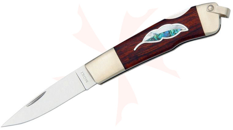 Moki Leaf Folding Knife 2 inch Mirror Polished Blade, Ironwood Handles with Mother of Pearl and Abalone Inlays, Canvas Sheath