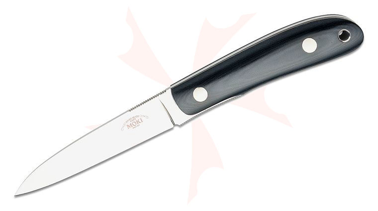 Moki Banff Long Fixed Blade Knife 3.66 inch Mirror Polished VG10 Drop Point, Black Micarta Handles, Leather Sheath