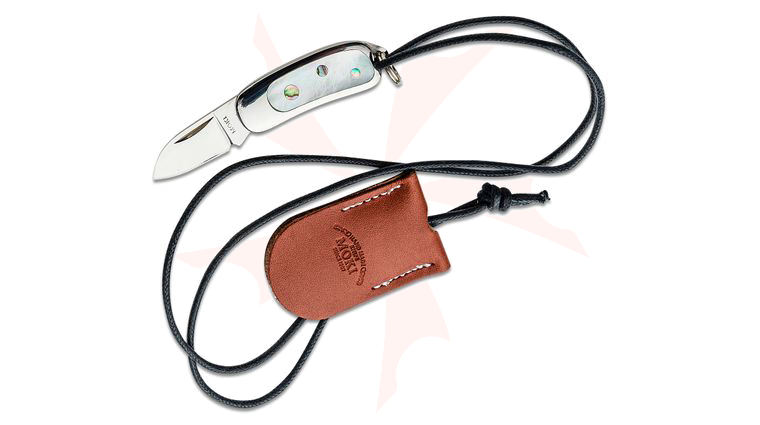 Moki Mini Pendant Folding Neck Knife 1.8 inch Plain Blade, Mother of Pearl Handles with Abalone Dots