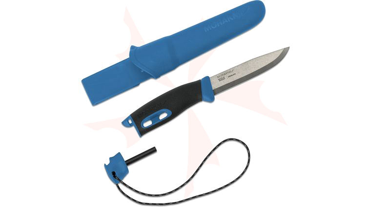 Morakniv Mora of Sweden Companion Spark Fixed Blade Knife 4.1 inch 12C27 Stainless Steel Drop Point, Blue TPE Rubber Handle, Blue Polymer Sheath