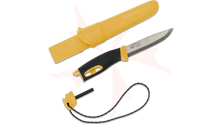 Morakniv Mora of Sweden Companion Spark Fixed Blade Knife 4.1 inch 12C27 Stainless Steel Drop Point, Yellow TPE Rubber Handle, Yellow Polymer Sheath