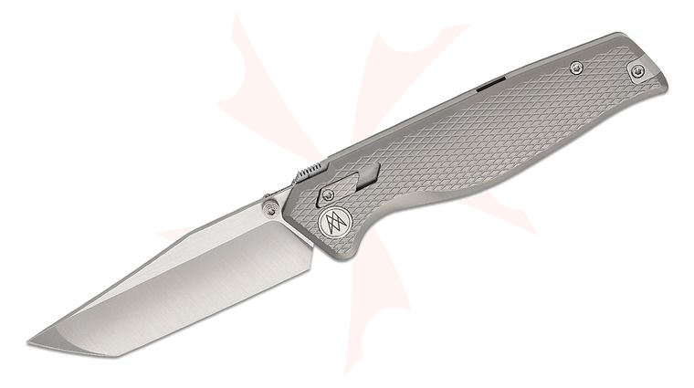 MR MR DESIGNS The Titan INTERLOCK Folding Knife 3.94 inch CPM-MagnaCut Satin Tanto Blade, Bead Blasted Contoured and Textured Titanium Handles, Reversible Faux Wire Clip