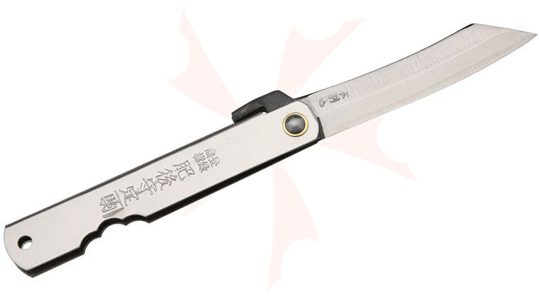 Nagao Higonokami Friction Folding Knife 2.625 inch Reverse Tanto Blade, Silver Stainless Steel Handle