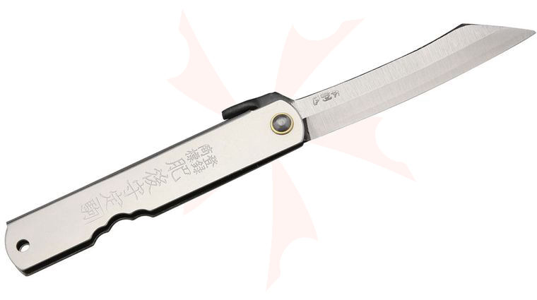 Nagao Higonokami Friction Folding Knife 2.875 inch Reverse Tanto Blade, Silver Stainless Steel Handle