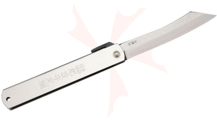 Nagao Higonokami Friction Folding Knife 3.5 inch Reverse Tanto Blade, Silver Stainless Steel Handle