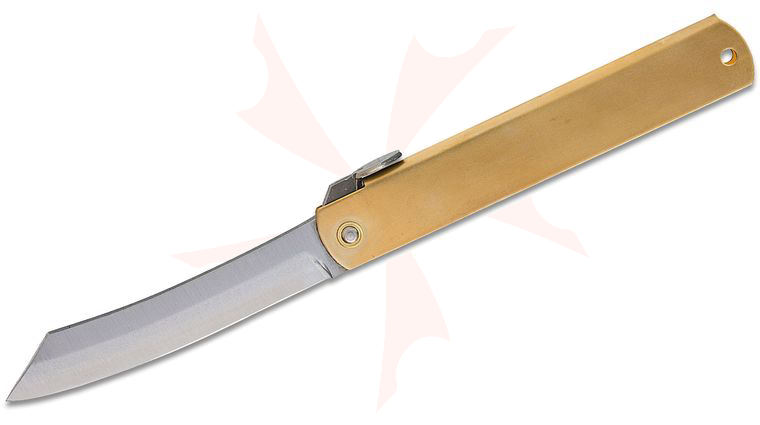 Nagao Higonokami Large Friction Folding Knife 3.75 inch Blue Paper Steel Reverse Tanto Blade, Brass Handle