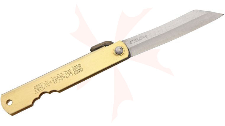 Nagao Higonokami Friction Folding Knife 2-3/4 inch Reverse Tanto Blade, Brass Handle