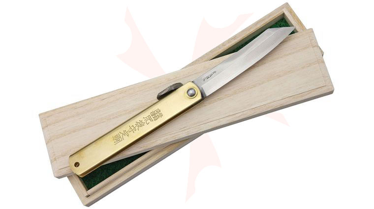 Nagao Higonokami Friction Folding Knife 3-3/4 inch Damascus Reverse Tanto Blade, Brass Handle