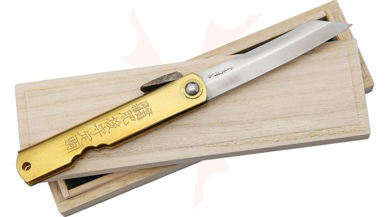 Nagao Higonokami Friction Folding Knife 3 inch Damascus Reverse Tanto Blade, Brass Handle