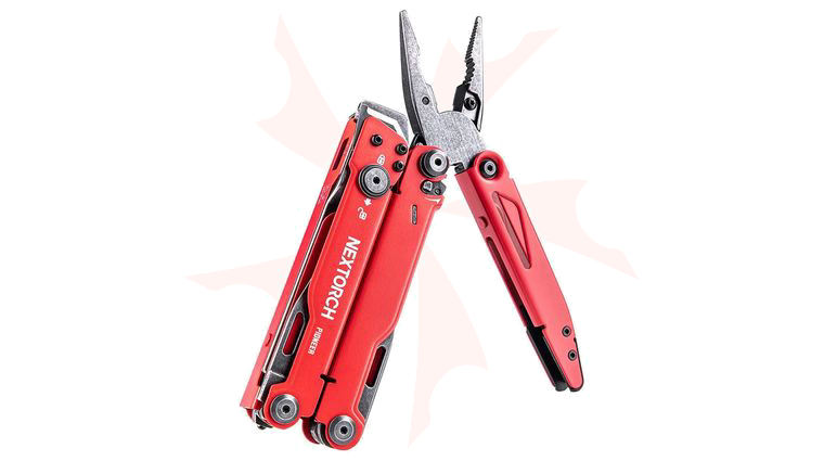 NexTORCH MT20 Pioneer Multi-Tool Shears, 4.29 inch Closed, Matte Red Stainless Steel Handles, Black Nylon Sheath