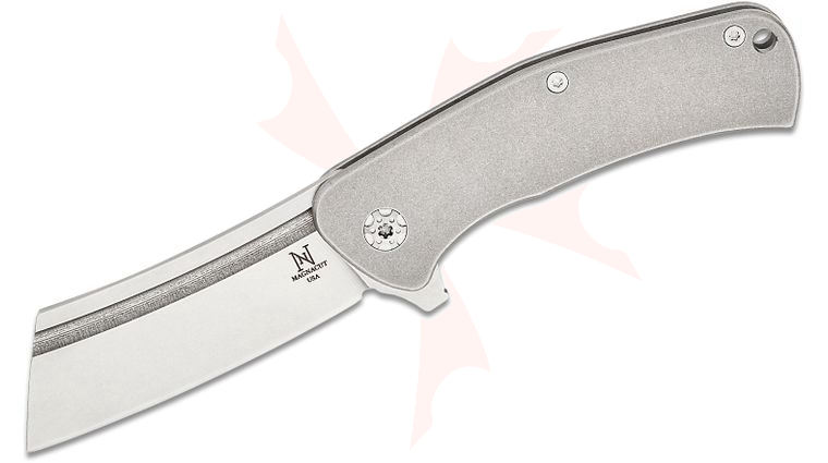 Nicholas Nichols Knives Dreadnought Frame Lock Flipper Knife 3.25 inch CPM-MagnaCut Stonewashed Modified Sheepsfoot Cleaver Blade, Stonewashed Titanium Handles