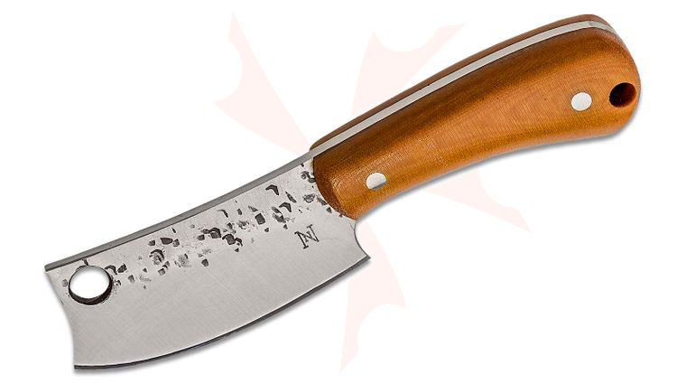Nicholas Nichols Knives Mini Cleaver 2.7 inch Nitro-V Fixed Blade, Natural Linen Micarta Handles, Leather Pocket Sheath
