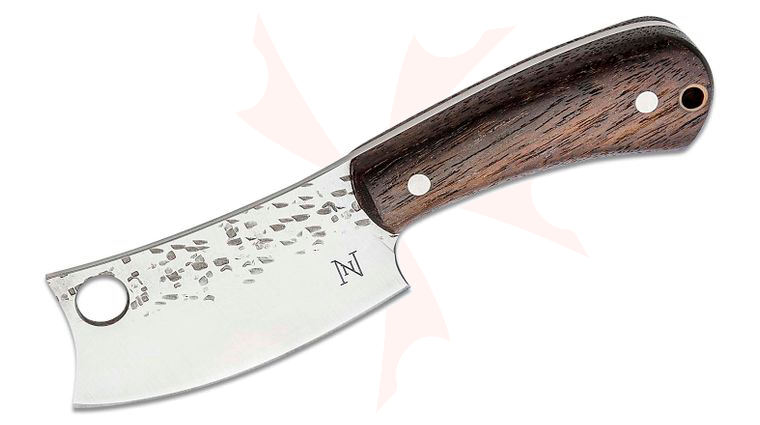 Nicholas Nichols Knives Mini Cleaver 2.7 inch Nitro-V Fixed Blade, Battleship Teak Handles, Leather Sheath