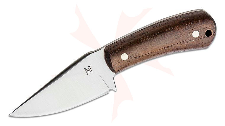 Nicholas Nichols Knives Guppy 3 inch Nitro-V Fixed Blade, Battleship Teak Handles, Leather Sheath