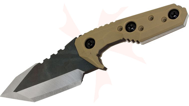 Nocturnal Knives Yeti Tanto Custom Fixed 4.125 inch Raw CPM-3V Tanto Blade, Tan G10 Handle, Kydex Sheath