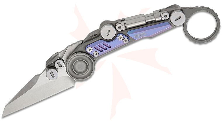 NOC Knives Shuukaku Liner Lock Front Flipper Knife 2.46 inch M390 Two-Tone Wharncliffe Blade, Dark Blasted Titanium Handles with Purple Titanium Scales and Pinky Ring, Reversible Clip