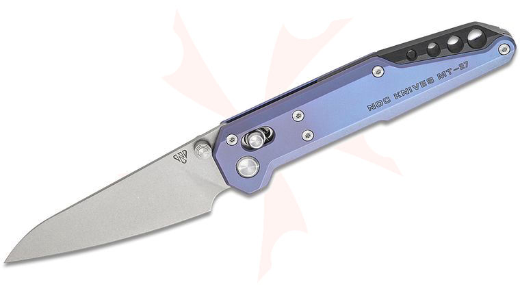 NOC Knives Dark Feather Crossbar Lock Folding Knife 3.11 inch M390 Stonewashed Modified Sheepsfoot Blade, Blurple Titanium Handles, Reversible Clip