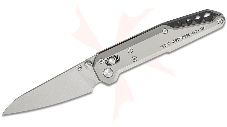 NOC Knives Dark Feather Crossbar Lock Folding Knife 3.11 inch M390 Stonewashed Modified Sheepsfoot Blade, Blasted Titanium Handles, Reversible Clip
