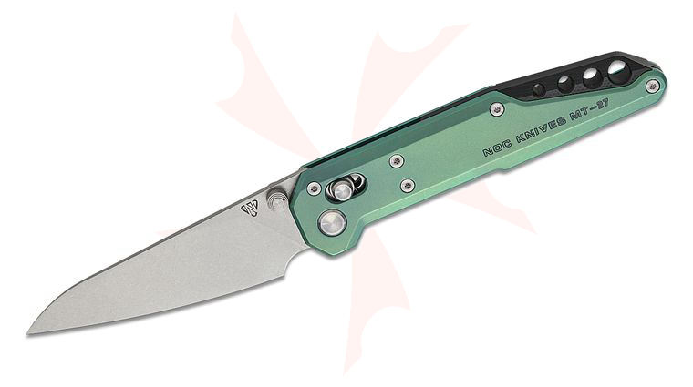 NOC Knives Dark Feather Crossbar Lock Folding Knife 3.11 inch M390 Stonewashed Modified Sheepsfoot Blade, Green Titanium Handles, Reversible Clip