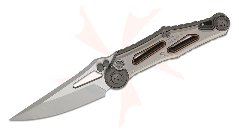 NOC Knives MT-31 Button Lock Front Flipper Knife 3.3 inch M390 Two-Tone Trailing Point Blade, Dark Blasted Titanium Handles with Silver Titanium Scales, Reversible Clip