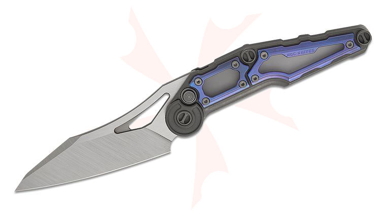 NOC Knives MT-32 Button Lock Front Flipper Knife 3.3 inch M390 Two-Tone Wharncliffe Blade, Dark Blasted Titanium Handles with Blurple Titanium Scales, Reversible Clip