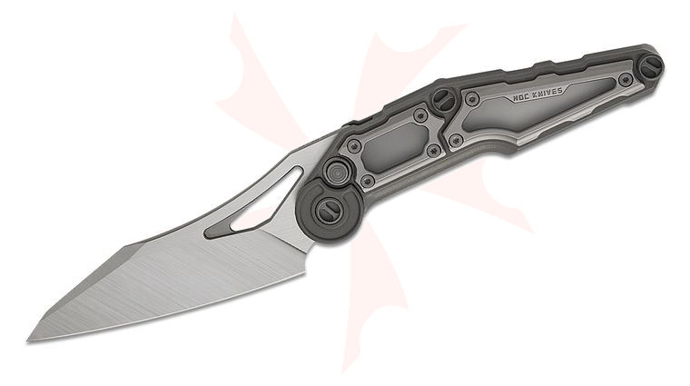 NOC Knives MT-32 Button Lock Front Flipper Knife 3.3 inch M390 Two-Tone Wharncliffe Blade, Dark Blasted Titanium Handles with Silver Titanium Scales, Reversible Clip