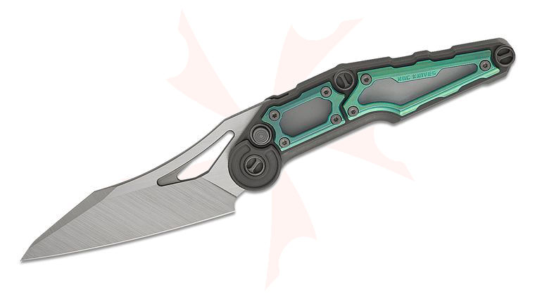 NOC Knives MT-32 Button Lock Front Flipper Knife 3.3 inch M390 Two-Tone Wharncliffe Blade, Dark Blasted Titanium Handles with Green Titanium Scales, Reversible Clip