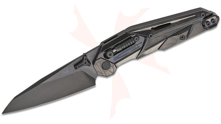 NOC Knives MT-33 Crossbar Lock Front Flipper Knife 3.55 inch M390 Belt-Satin Black DLC Wharncliffe Blade, Zirconium Alloy Handles with Black Titanium Scales, Reversible Clip