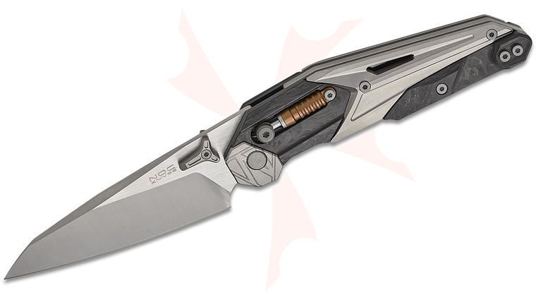 NOC Knives MT-33 Crossbar Lock Front Flipper Knife 3.55 inch M390 Satin Wharncliffe Blade, Forged Carbon Fiber and Gray Titanium Handles, Reversible Clip