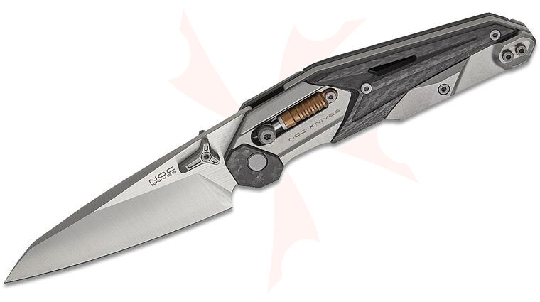 NOC Knives MT-33 Crossbar Lock Front Flipper Knife 3.55 inch M390 Satin Wharncliffe Blade, Woven Carbon Fiber and Gray Titanium Handles, Reversible Clip
