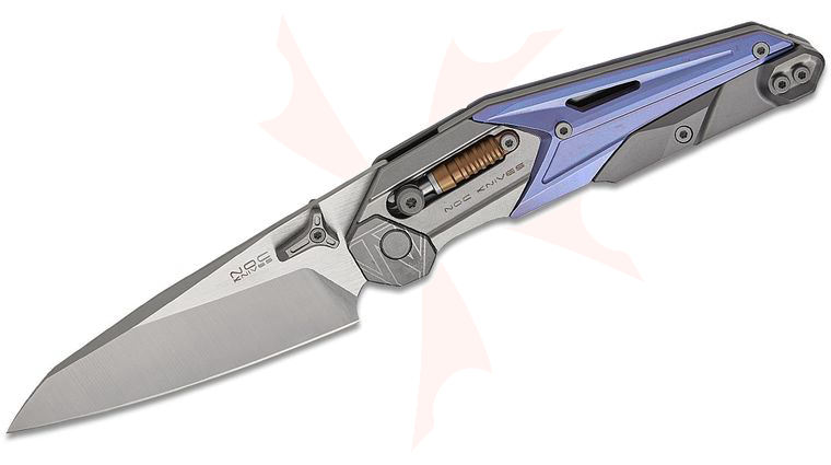 NOC Knives MT-33 Crossbar Lock Front Flipper Knife 3.55 inch M390 Satin Wharncliffe Blade, Blue and Gray Titanium Handles, Reversible Clip